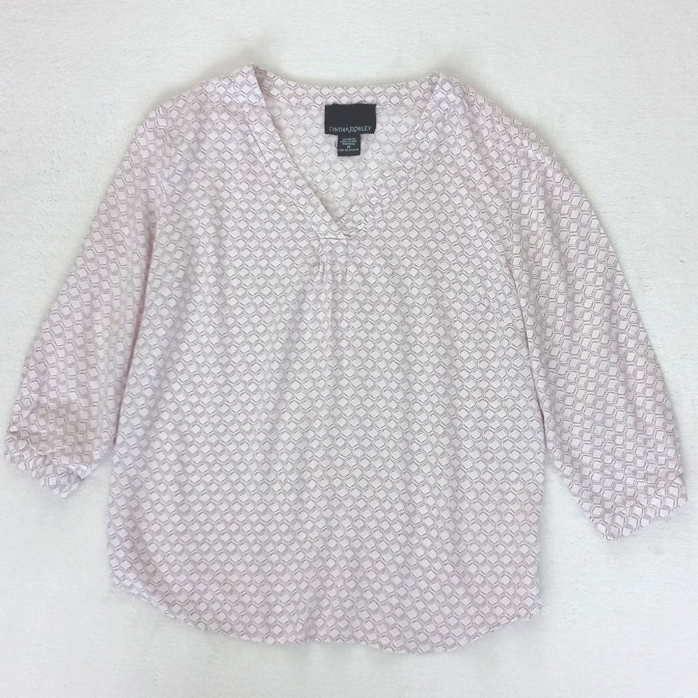 Cynthia Rowley Women's Lavender & Cream Abstract Motif Rayon 3/4 Sleeve Blouse M - Picture 1 of 11